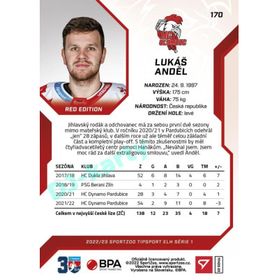 2022/23 Sportzoo ELH 1. série #170 Lukáš Anděl Red xx/49