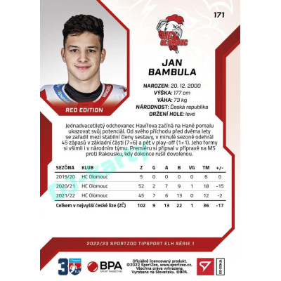 2022/23 Sportzoo ELH 1. série #171 Jan Bambula Red xx/49