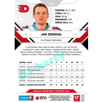 2021/22 Sportzoo TIPSPORT ELH 2. série #309 Jan Zdráhal