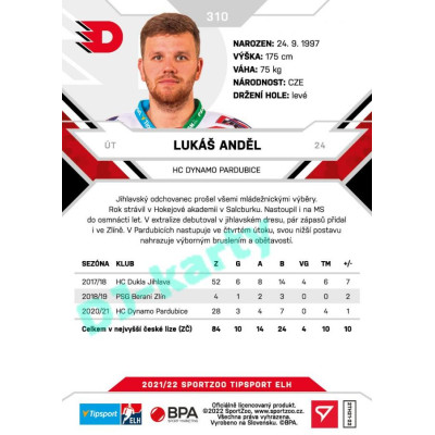 2021/22 Sportzoo TIPSPORT ELH 2. série #310 Lukáš Anděl