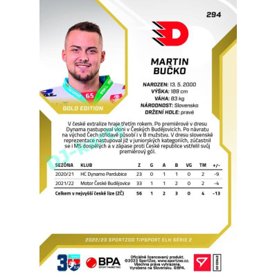 2022/23 Sportzoo ELH 2. série #294 Martin Bučko Gold xx/19