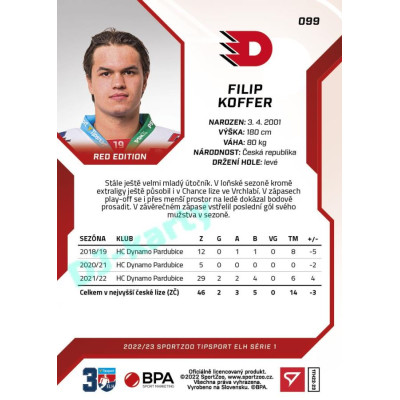 2022/23 Sportzoo ELH 1. série #099 Filip Koffer Red xx/49