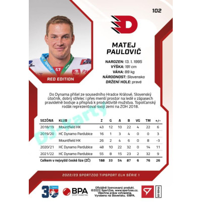 2022/23 Sportzoo ELH 1. série #102 Matej Paulovič Red xx/49