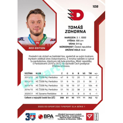 2022/23 Sportzoo ELH 1. série #108 Tomáš Zohorna Red xx/49