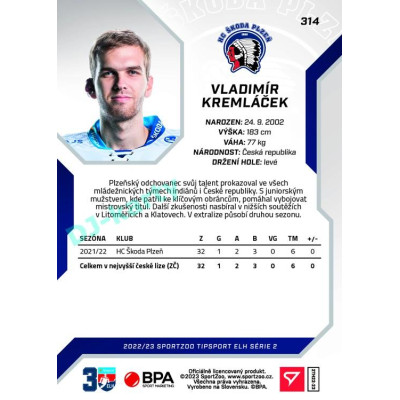 2022/23 Sportzoo ELH 2. série #314 Vladimír Kremláček