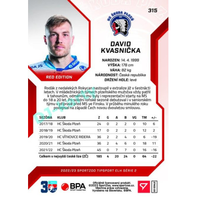 2022/23 Sportzoo ELH 2. série #315 David Kvasnička Red xx/49