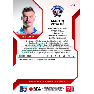 2022/23 Sportzoo ELH 2. série #316 Martin Vitaloš Red xx/49