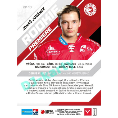 2021/22 Sportzoo TIPSPORT ELH 2. série #RP-10 Jonáš Jobánek Rookie Premiere