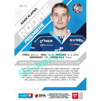 2021/22 Sportzoo TIPSPORT ELH 2. série #RP-13 Adam Klapka Rookie Premiere