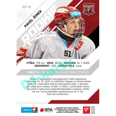 2021/22 Sportzoo TIPSPORT ELH 2. série #RP-18 Pavel Šimek Rookie Premiere