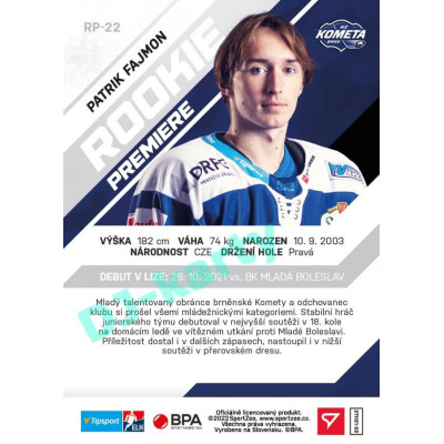 2021/22 Sportzoo TIPSPORT ELH 2. série #RP-22 Patrik Fajmon Rookie Premiere