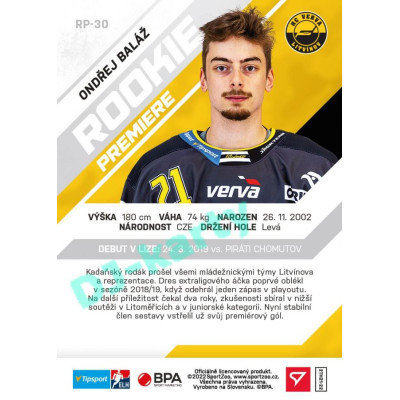 2021/22 Sportzoo TIPSPORT ELH 2. série #RP-30 Ondřej Baláž Rookie Premiere