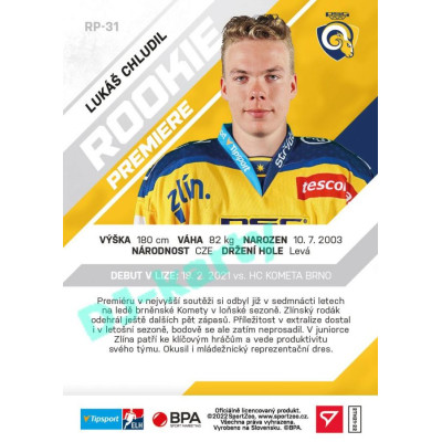 2021/22 Sportzoo TIPSPORT ELH 2. série #RP-31 Lukáš Chludil Rookie Premiere
