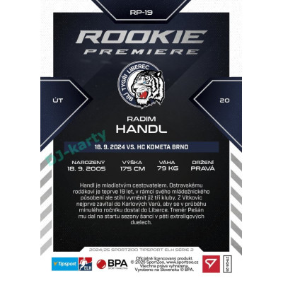 2024/25 Sportzoo ELH 2. serie #RP-20 Radim Handl Rookie Premiere