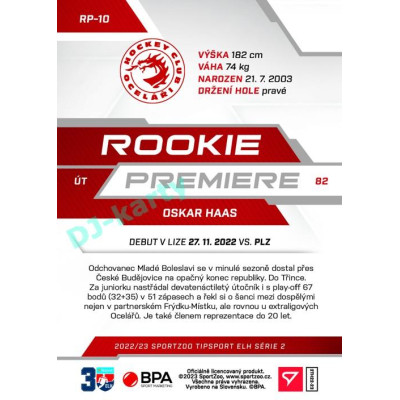 2022/23 Sportzoo ELH 2. série #RP-10 Oskar Haas Rookie Premiere
