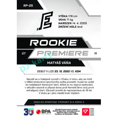 2022/23 Sportzoo ELH 2. série #RP-25 Matyáš Váňa Rookie Premiere