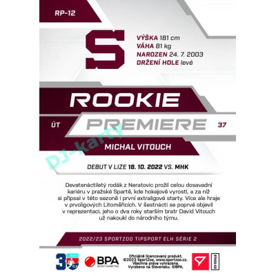 2022/23 Sportzoo ELH 2. série #RP-12 Michal Vitouch Rookie Premiere