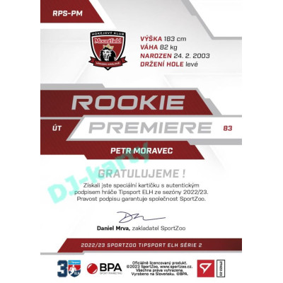 2022/23 Sportzoo ELH 2. série #RP-16 Petr Moravec Rookie Premiere Limited xxx/149