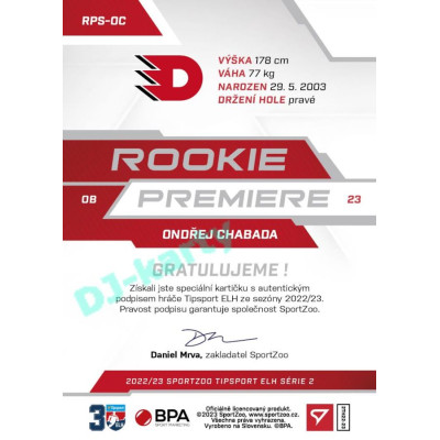 2022/23 Sportzoo ELH 2. série #RP-18 Ondřej Chabada Rookie Premiere Limited xxx/149