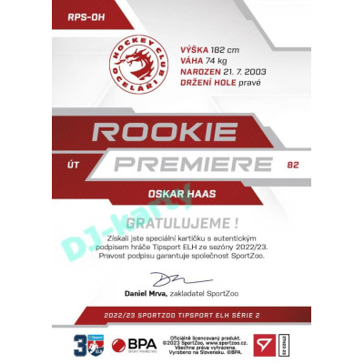 2022/23 Sportzoo ELH 2. série #RP-10 Oskar Haas Rookie Premiere Limited xxx/149