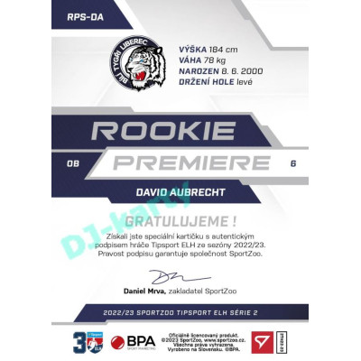 2022/23 Sportzoo ELH 2. série #RP-20 David Aubrecht Rookie Premiere Limited xxx/149