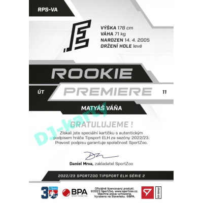 2022/23 Sportzoo ELH 2. série #RP-25 Matyáš Váňa Rookie Premiere Limited xxx/149