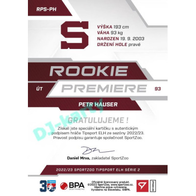2022/23 Sportzoo ELH 2. série #RP-11 Petr Hauser Rookie Premiere Limited xxx/149