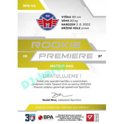 2022/23 Sportzoo ELH 2. série #RP-13 Matouš Hail Rookie Premiere Limited xxx/149