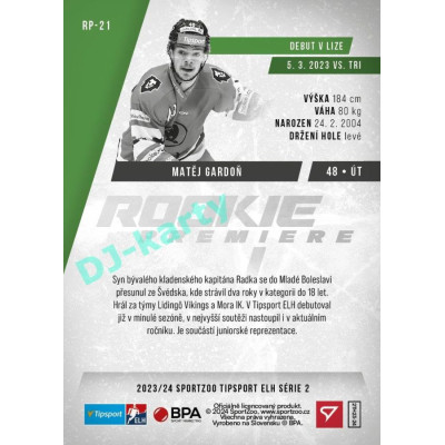 2023/24 Sportzoo ELH 2. serie #RP-21 Matěj Gardoň Rookie Premiere