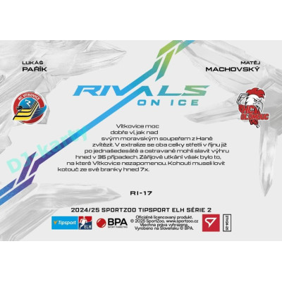 2024/25 Sportzoo ELH 2. serie #RI-17 Lukáš Pařík vs. Matěj Machovský Rivals on Ice