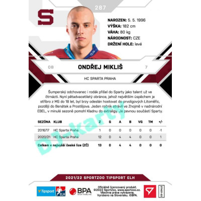 2021/22 Sportzoo TIPSPORT ELH 2. série #287 Ondřej Mikliš