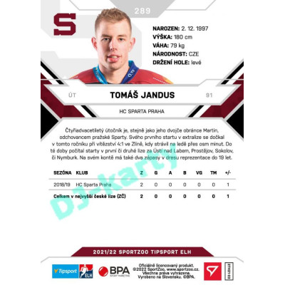 2021/22 Sportzoo TIPSPORT ELH 2. série #289 Tomáš Jandus