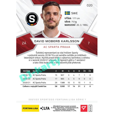 2021/22 Sportzoo Fortuna Liga David Moberg Karlsson #20
