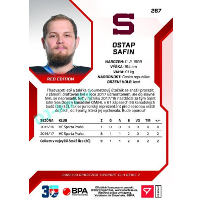 2022/23 Sportzoo ELH 2. série #267 Ostap Safin Red xx/49