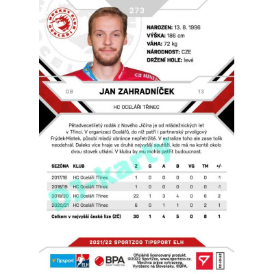 2021/22 Sportzoo TIPSPORT ELH 2. série #273 Jan Zahradníček