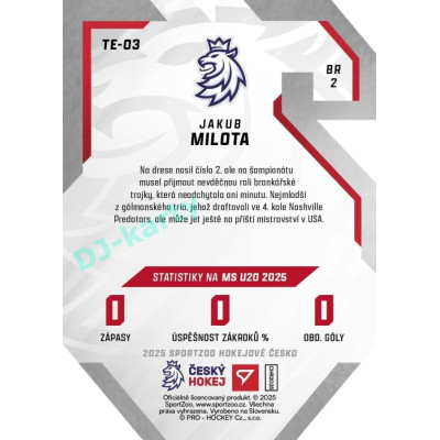 2025 Sportzoo Hokejové ČESKO #TE-03 Jakub Milota Team 20