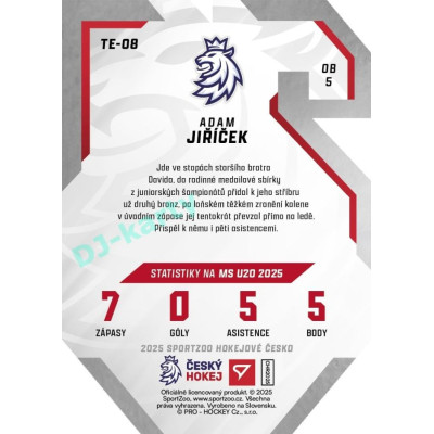 2025 Sportzoo Hokejové ČESKO #TE-08 Adam Jiříček Team 20