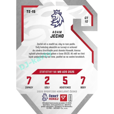 2025 Sportzoo Hokejové ČESKO #TE-15 Adam Jecho Team 20