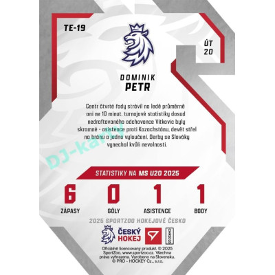 2025 Sportzoo Hokejové ČESKO #TE-19 Dominik Petr Team 20