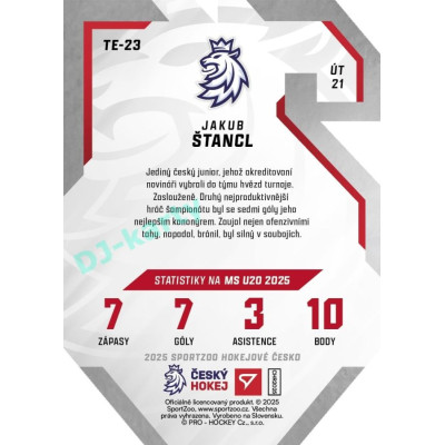 2025 Sportzoo Hokejové ČESKO #TE-23 Jakub Štancl Team 20