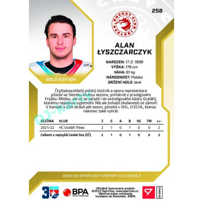 2022/23 Sportzoo ELH 2. série #258 Alan Lysczarczyk Gold xx/19
