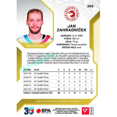 2022/23 Sportzoo ELH 2. série #253 Jan Zahradníček Gold xx/19