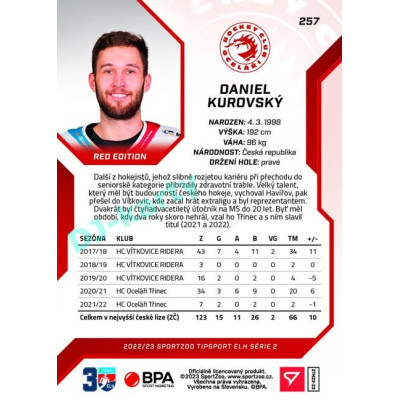 2022/23 Sportzoo ELH 2. série #257 Daniel Kurovský Red xx/49