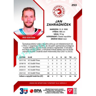 2022/23 Sportzoo ELH 2. série #253 Jan Zahradníček Red xx/49