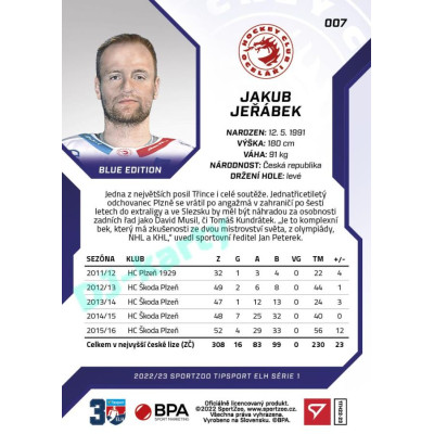 2022/23 Sportzoo ELH 1. série #007 Jakub Jeřábek Blue xx/99
