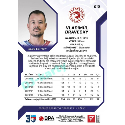 2022/23 Sportzoo ELH 1. série #010 Vladimír Dravecký Blue xx/99