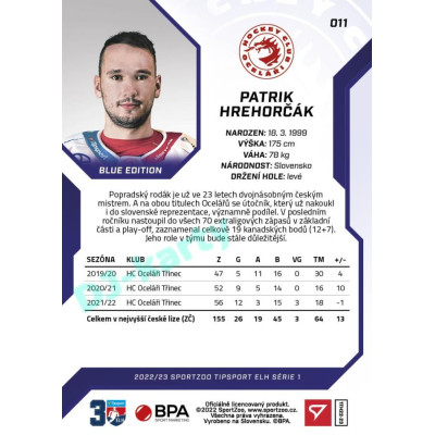 2022/23 Sportzoo ELH 1. série #011 Patrik Hrehorčák Blue xx/99