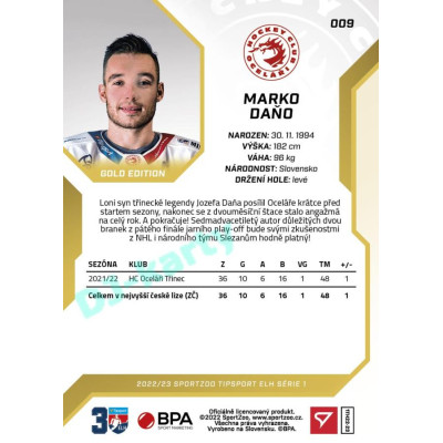 2022/23 Sportzoo ELH 1. série #009 Marko Daňo Gold xx/19