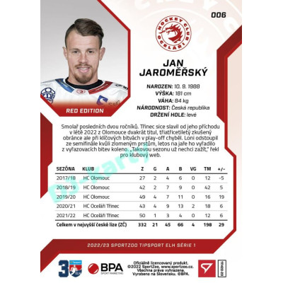 2022/23 Sportzoo ELH 1. série #006 Jan Jaroměřský Red xx/49