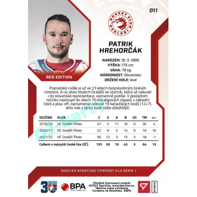 2022/23 Sportzoo ELH 1. série #011 Patrik Hrehorčák Red xx/49
